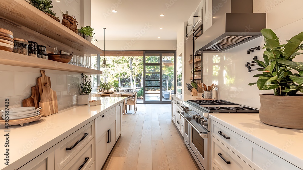 A bright and airy kitchen with a state-of-the-art induction stove, built-in oven, and a modern, slim range hood. The kitchen features white countertops, light wood accents, and under-cabinet A bright and airy kitchen with a state-of-the-art induction stove, built-in oven, and a modern, slim range hood. The kitchen features white countertops, light wood accents, and under-cabinet
