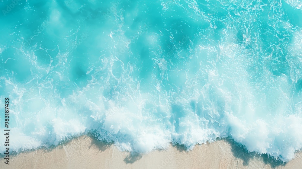 From above, waves crash rhythmically against the sandy shore, while a surfboard glides through the water below From above, waves crash rhythmically against the sandy shore, while a surfboard glides through the water below
