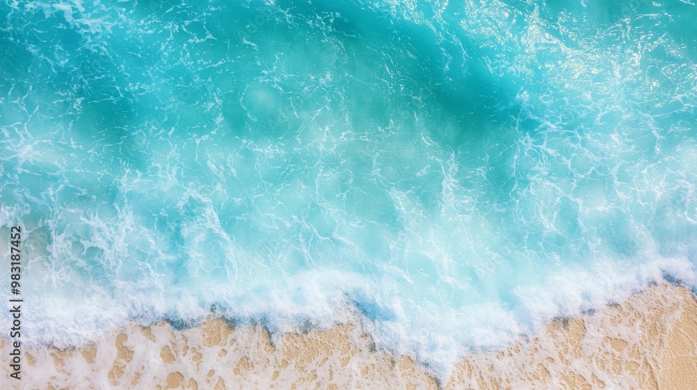 From above, waves crash rhythmically on the sandy shore, a surfboard bobbing in the water below From above, waves crash rhythmically on the sandy shore, a surfboard bobbing in the water below