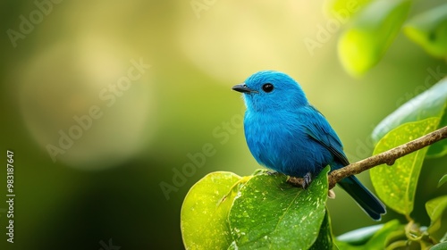  A blue bird perches atop a green branch, adorned with leaves Droplets bejewel its wings from recent rain