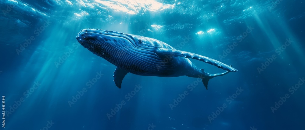 Obraz premium A humpback whale swims beneath the ocean's deep, blue surface