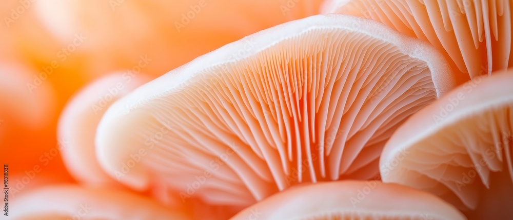 A tight shot of a group of mushrooms, with the tops slightly out of focus and the bottoms clearly visible A tight shot of a group of mushrooms, with the tops slightly out of focus and the bottoms clearly visible