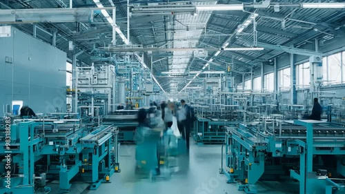 Watch as a factory shop comes to life with machinery operating and workers efficiently assembling products. The busy environment highlights industrial activity.