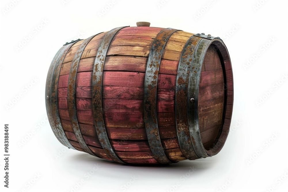 Obraz premium Old wood wine barrel with rusting metal bands is lying on its side on a white background