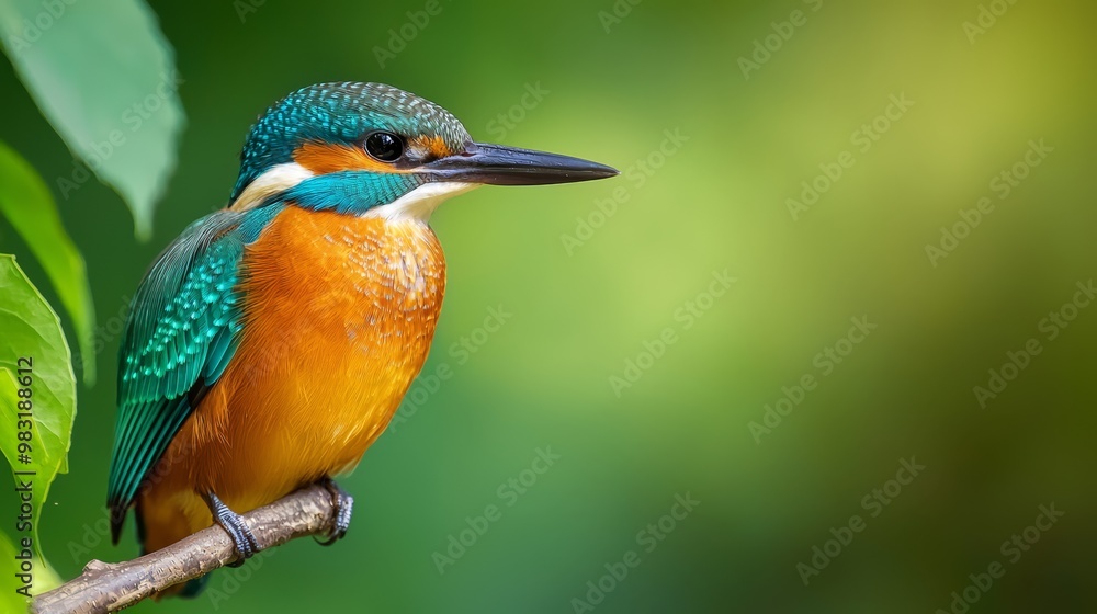Fototapeta premium A vibrant bird atop a verdant tree branch, contrasting against a hazy green backdrop