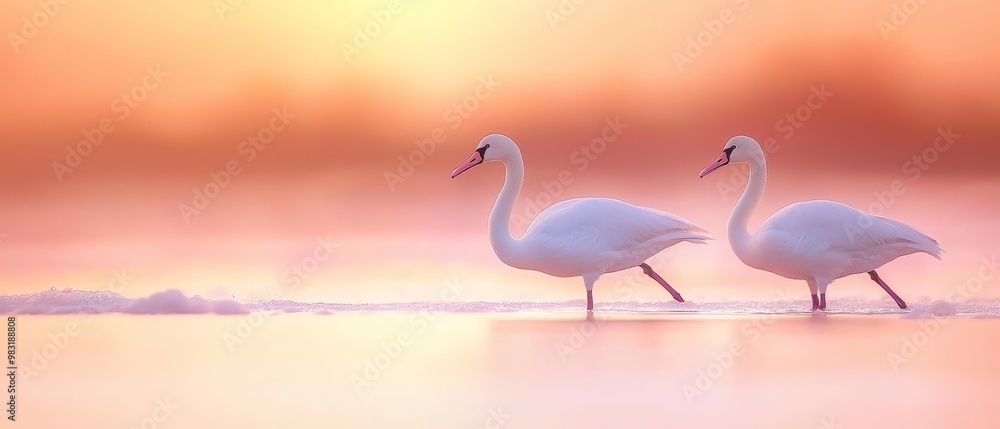 Fototapeta premium A pair of white birds on a sandy beach, standing atop a body of water's edge
