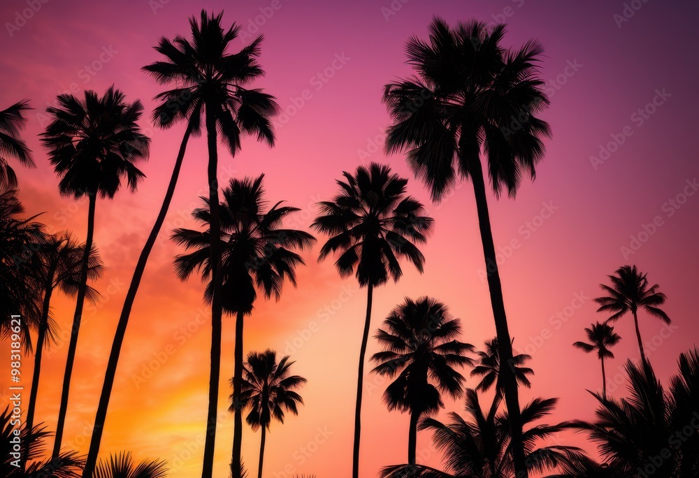 Obraz premium vibrant silhouettes palm trees radiant sunset sky displaying warm hues yellow, color, orange, pink, tropical, evening, landscape, backdrop, scenery, horizon