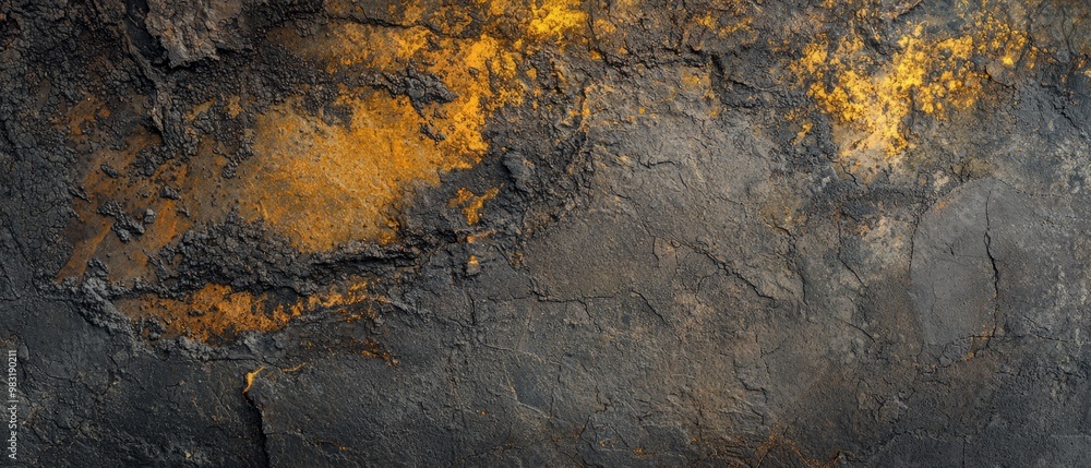 lichens in shades of yellow dot its surface, while patches of peeling paint reveal the rock beneath lichens in shades of yellow dot its surface, while patches of peeling paint reveal the rock beneath
