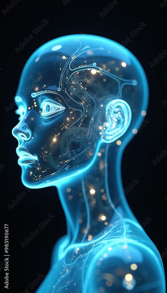 A futuristic, glowing humanoid figure symbolizes the intersection of technology and humanity, ideal for concepts in AI, innovation, and advanced design. A futuristic, glowing humanoid figure symbolizes the intersection of technology and humanity, ideal for concepts in AI, innovation, and advanced design.