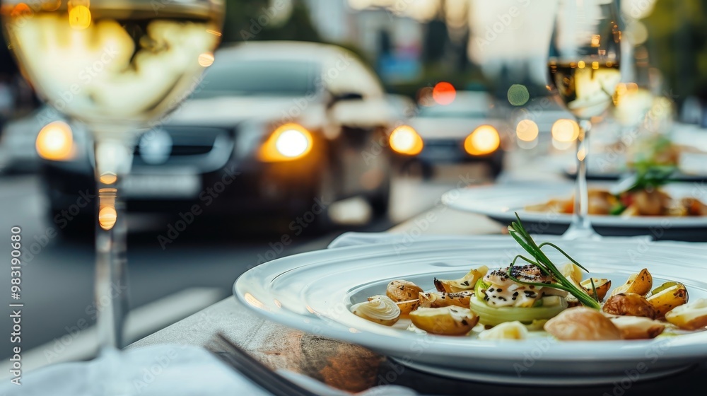 Gourmet cuisine served outdoors with a lively street scene in the background and text space Gourmet cuisine served outdoors with a lively street scene in the background and text space