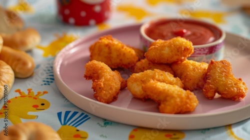 Crispy Chicken Nuggets Served with Tasty Sauce on a Colorful Tablecloth