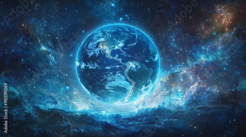 Mystical Cosmic World with Glowing Earth in Space