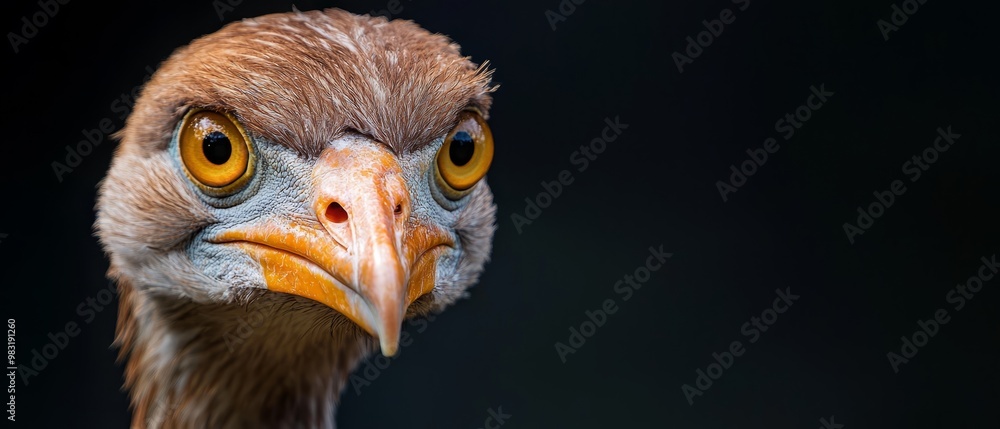 Fototapeta premium A tight shot of a bird's orange beak against a dark backdrop, framing its brown head