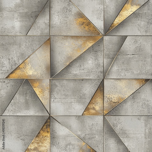 The pattern is abstract geometric with gold accents on a gray background. It is suitable for modern interior design