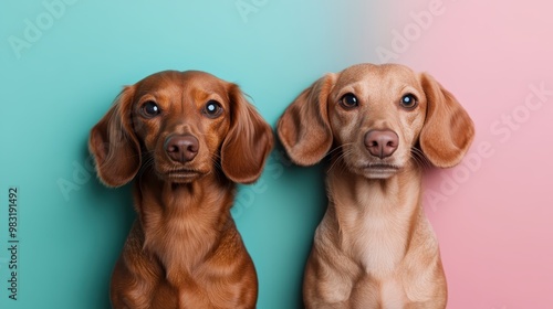 A photograph featuring two brown dachshunds sitting side by side with a teal background on the left and a pink background on the right, capturing their attention to detail.