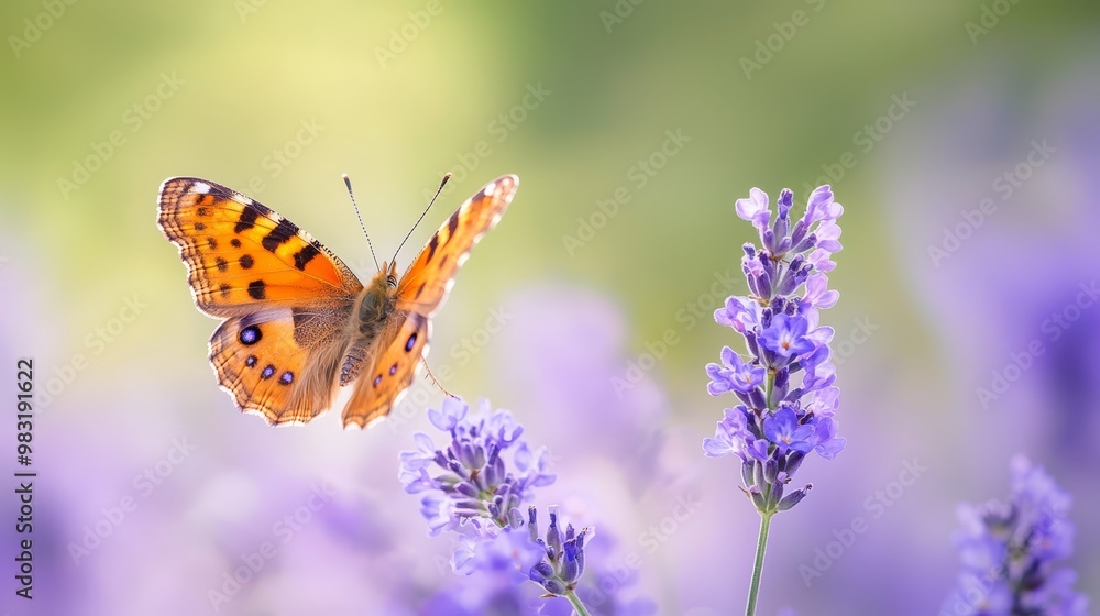 A tight shot of a butterfly perched on a purple-flowered plant, with a softly blurred background A tight shot of a butterfly perched on a purple-flowered plant, with a softly blurred background