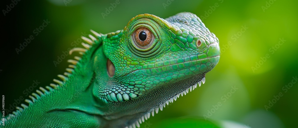 Obraz premium A tight shot of a green iguana perched on a branch against a softly blurred backdrop of green foliage