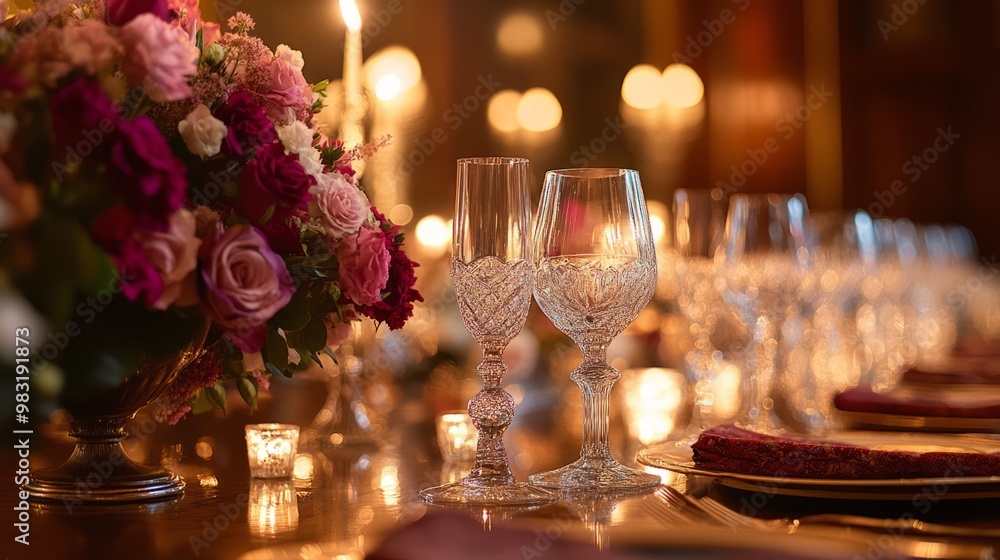 Elegant Dinner Table Setting with Crystal Glassware and Floral Centerpiece Elegant Dinner Table Setting with Crystal Glassware and Floral Centerpiece