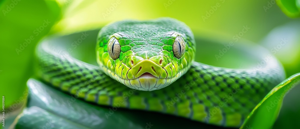Fototapeta premium A tight shot of a green snake's head hovering above a green plant, surrounded by leaves in the background