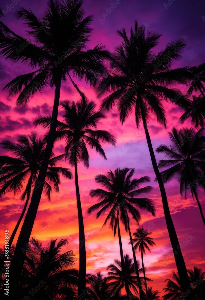 silhouette palm trees stretched vibrant sunset sky rich hues purple, orange, pink, clouds, horizon, evening, tropical, landscape, scenery, light, shadows