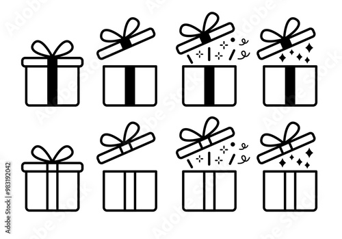 Surprising gift box or present box icon set (solid black fill). vector gift wrapping symbol for mockup instruction. surprise, parcel, reward, winning, award, opening, unboxing etc concept.