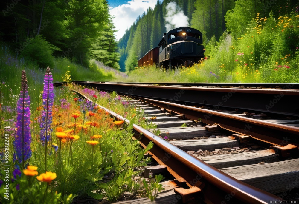 Fototapeta premium vibrant wildflowers flourishing alongside abandoned train tracks rustic charm beauty, nature, landscape, growth, greenery, scenery, bloom, petal, color, field
