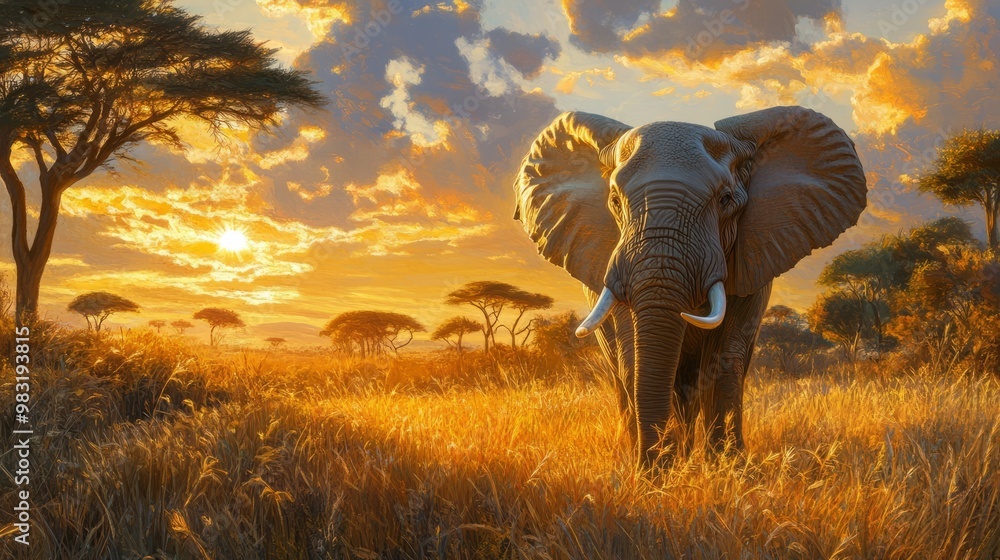 Fototapeta premium Majestic Elephant in Golden Savanna at Sunset