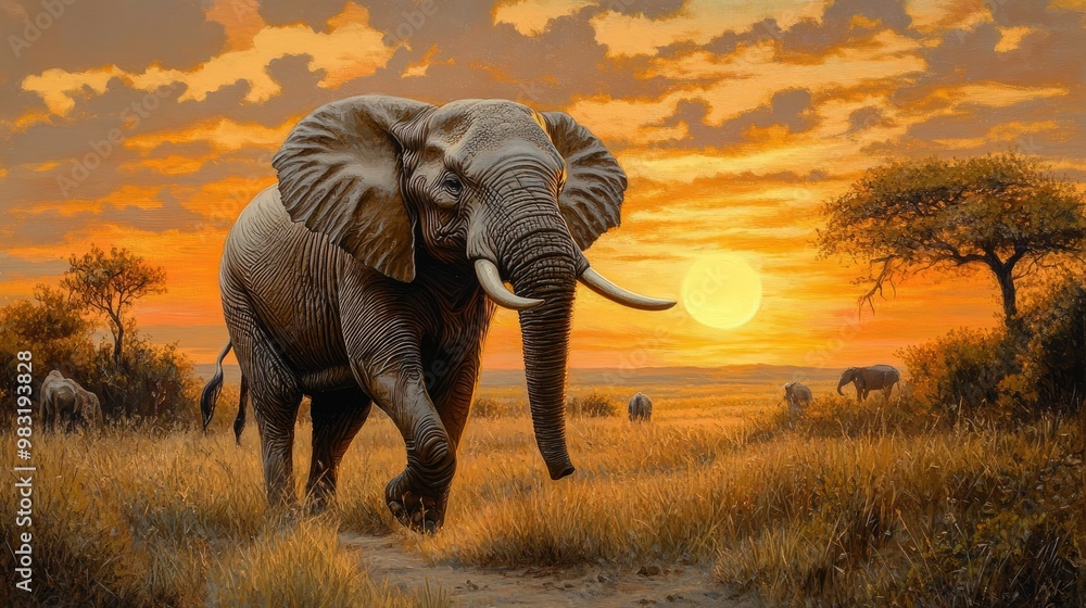 Fototapeta premium Majestic Elephant Walking at Sunset on African Savanna