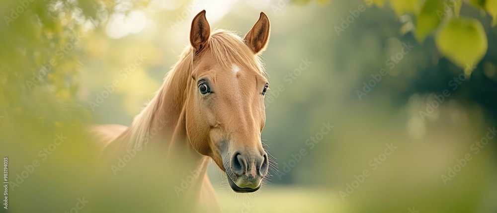 Fototapeta premium A tight shot of a horse's face, trees and grass blurred in the foreground background