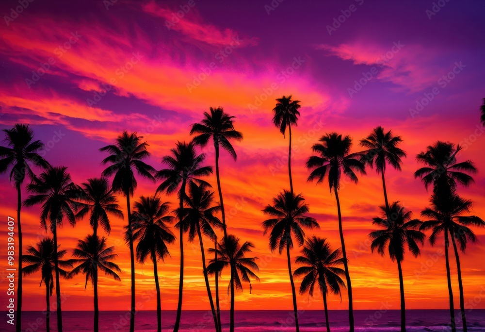 stunning palm tree silhouettes set vibrant sunset sky rich colors dramatic lighting, backdrop, nature, tropical, landscape, horizon, orange, pink, purple stunning palm tree silhouettes set vibrant sunset sky rich colors dramatic lighting, backdrop, nature, tropical, landscape, horizon, orange, pink, purple