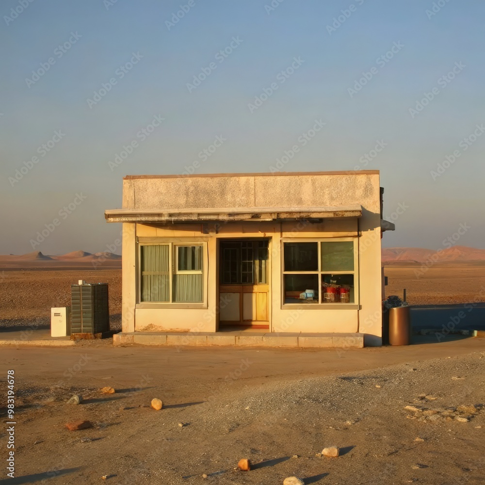 Lonely shop stands in the vast desert landscape during golden hour. Generative AI Lonely shop stands in the vast desert landscape during golden hour. Generative AI