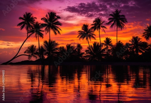 vibrant sunset silhouettes tropical palm trees colorful sky rich hues purple, orange, pink, landscape, clouds, nature, horizon, exotic, backlit, twilight