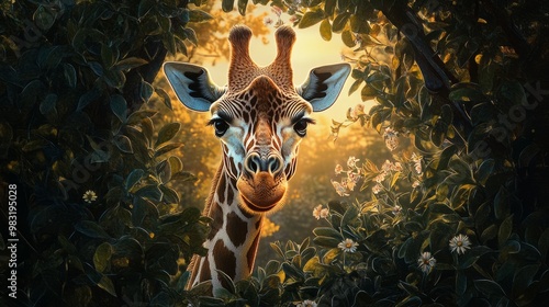 Majestic Giraffe Among Lush Greenery at Sunrise
