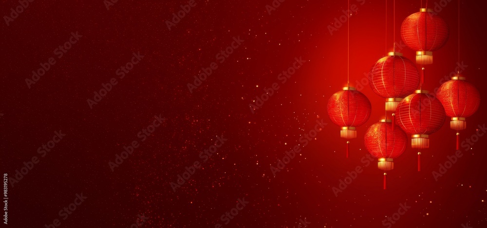 Chinese New Year. Banner with red background, lights and Chinese decorations. New Year red background with Chinese lanterns and place for text. Decoration on red. Chinese New Year. Banner with red background, lights and Chinese decorations. New Year red background with Chinese lanterns and place for text. Decoration on red.