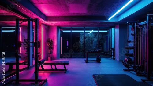 A modern and stylish home gym illuminated by vibrant neon lights, featuring various fitness equipment including a weight rack, bench, and exercise machines, creating an energetic ambiance.