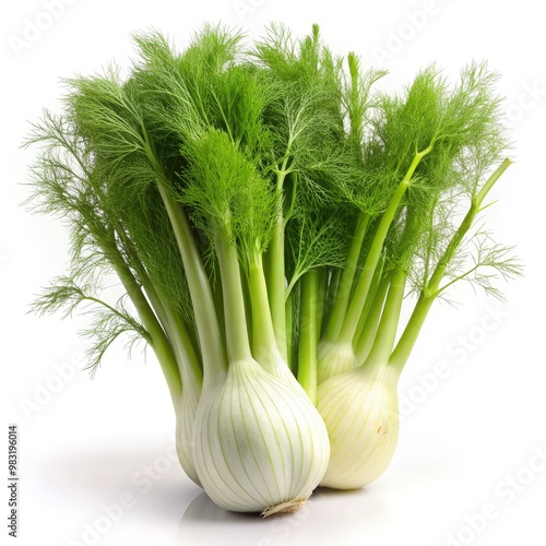 Fresh fennel with vibrant green fronds on a white background for culinary use. Generative AI