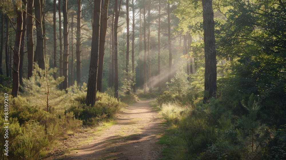 Fototapeta premium A serene forest path illuminated by soft sunlight filtering through tall trees.