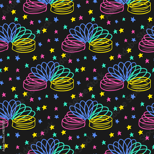 Vintage seamless pattern with neon toy from 90s. Vector retro rainbow spring. Retro concept. Ideal for kids textile, stationary, wrapping paper