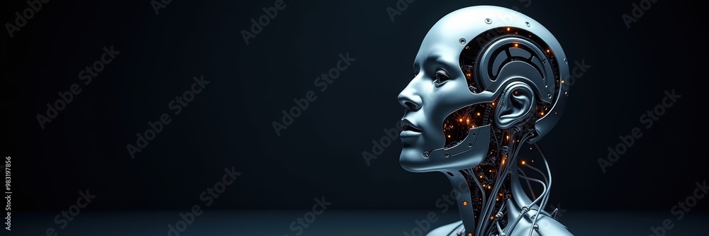 A futuristic robotic head showcasing advanced technology, ideal for concepts related to AI, robotics, and innovation. A futuristic robotic head showcasing advanced technology, ideal for concepts related to AI, robotics, and innovation.