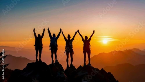 Silhouette of Hikers climbing up mountain cliff. Climbing group helping each other while climbing up in sunset. Concept of help and teamwork,