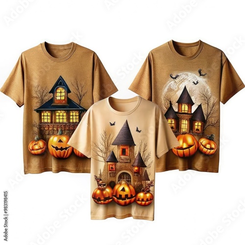 Festive Halloween t-shirts featuring pumpkin house designs in a cozy setting. Generative AI photo