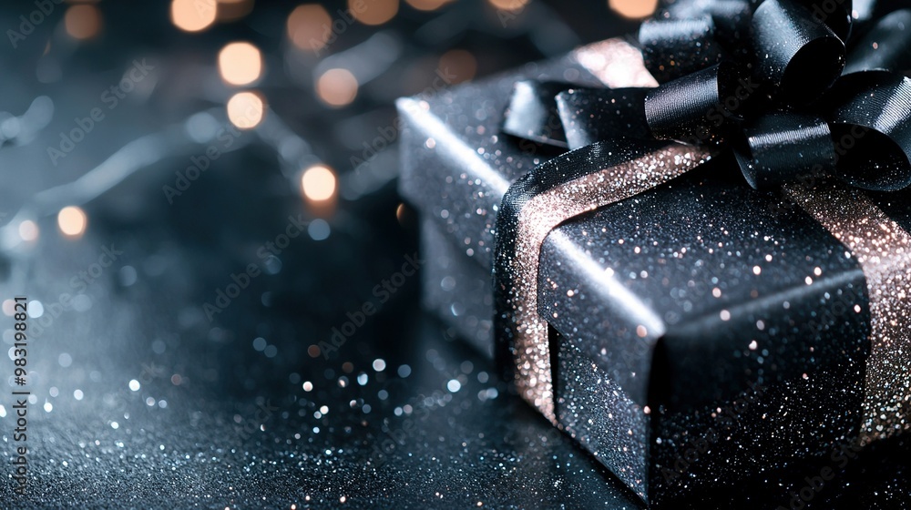 A detailed shot of a dark present box adorned with a black ribbon and bow, resting against a black backdrop, surrounded by illumination A detailed shot of a dark present box adorned with a black ribbon and bow, resting against a black backdrop, surrounded by illumination