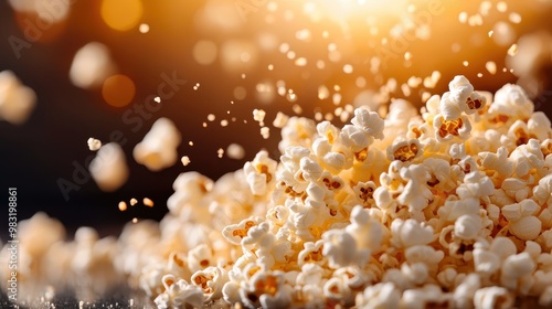 A dynamic shot of popcorn pieces flying in the air against a warm light, creating an energetic and delicious depiction perfect for cinema or snack themes. photo