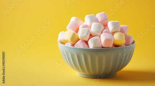 A bowl filled with colorful mini marshmallows, including pink, yellow, and blue varieties. The marshmallows are arranged in a chaotic pile, with a few scattered around the bowl on a bright yellow back