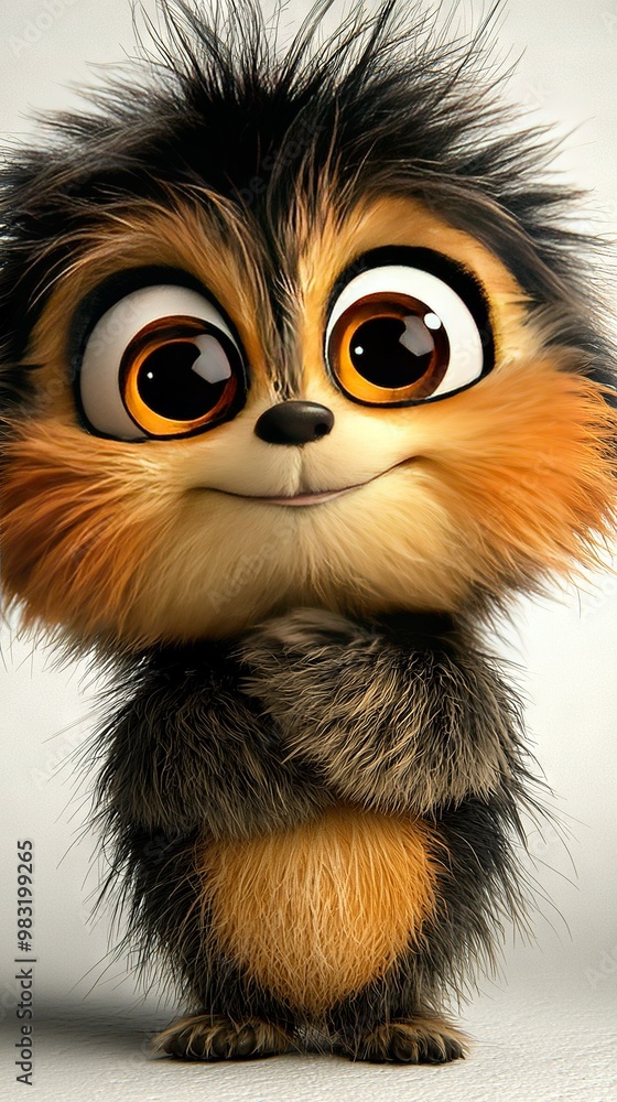 Close-up of a furry animal with large eyes and a surprised expression on its face, set against a white background Close-up of a furry animal with large eyes and a surprised expression on its face, set against a white background
