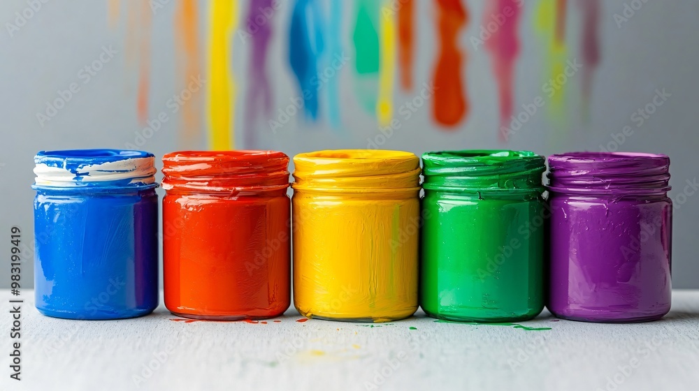 Finger paint jars in bright primary colors, isolated on a light gray surface Finger paint jars in bright primary colors, isolated on a light gray surface
