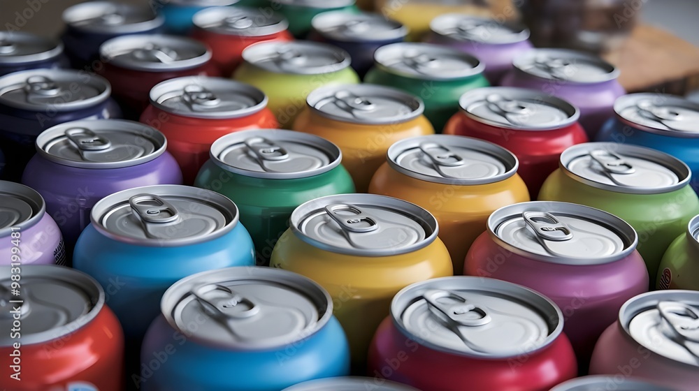 Colorful Aluminum Cans with Pull Tabs Close Up