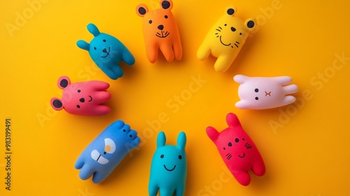 Finger puppets shaped like animals, arranged in a circle, isolated on a bright surface photo