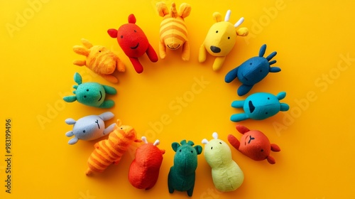 Finger puppets shaped like animals, arranged in a circle, isolated on a bright surface photo