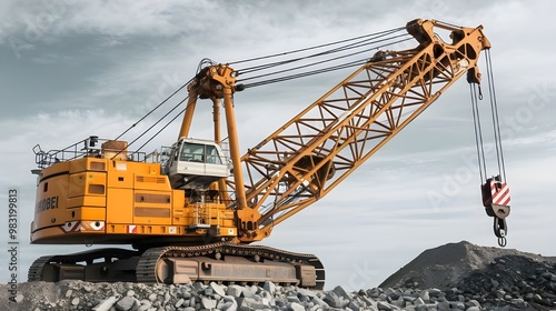 Large Yellow Crawler Crane Lifting Heavy Load in Quarry